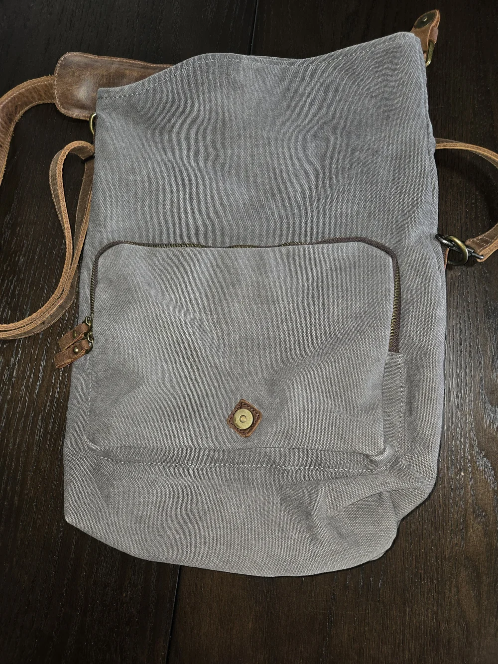 Stylish Gray Canvas Messenger Bag with Brown Leather Trim